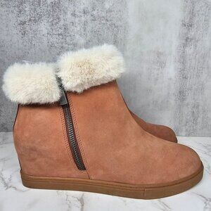 Linea Paolo Womens Faux Fur Trim Side Zipper Suede Wedge‎ Ankle Booties Brown 9M